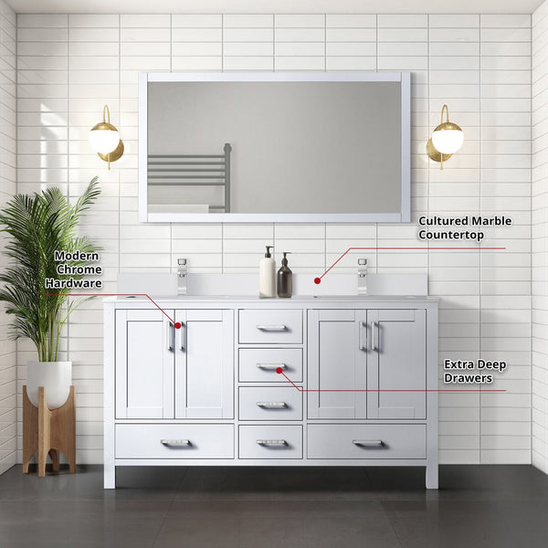 English Elm White Double Bath Vanity 60 in with Cultured Marble Top, Chrome Faucet, 58 in Mirror, Scratch-Resistant Finish B2731S01018