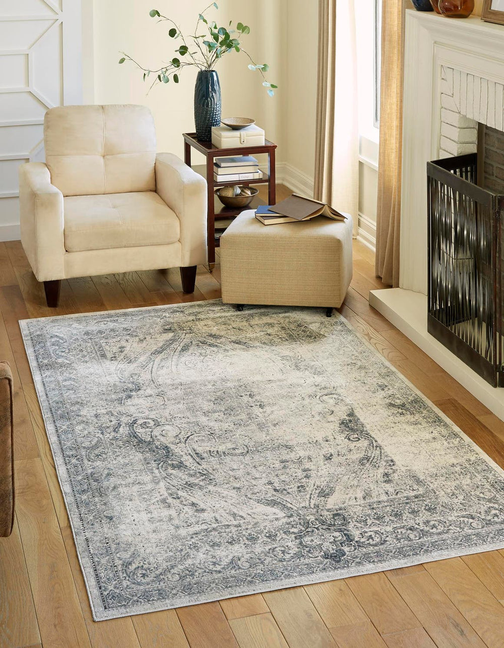Unique Loom Chateau Wilson Machine Made Border Rug Dark Blue, Gray/Ivory 5' 1" x 8' 0"
