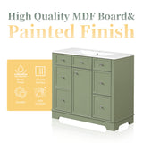 English Elm 36" Bathroom Vanity With Sink, One Cabinet With Three Drawers and One Flip Drawer, Solid Wood and Mdf Board, Green