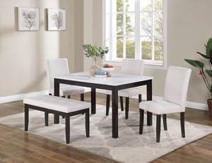 English Elm Classic 5pc Dining Set with Faux Marble Top, White Finish, Tufted Bench & 3 Cushioned Faux Leather Chairs B011P184982