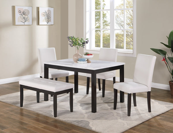 English Elm Classic 5pc Dining Set with Faux Marble Top, White Finish, Tufted Bench & 3 Cushioned Faux Leather Chairs B011P184982