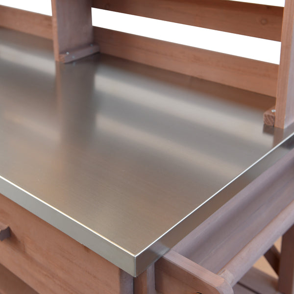 English Elm K&K 64.9" Outdoor Potting Bench with 1.2" Stainless Steel Top, Lockable Wheels, Hutch & Drawers Brown N707P228274Z