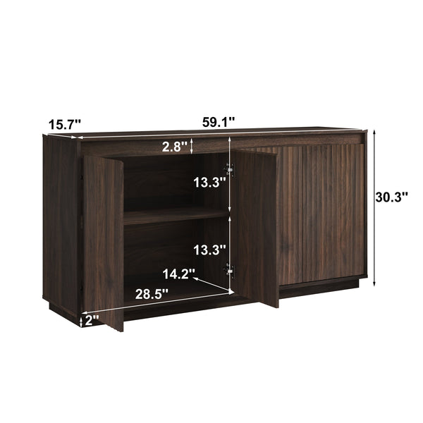 English Elm 4 Door Fluted Sideboard with Built-in Power Outlet Handleless Modern Dining Storage Cabinet Walnut W409P454241