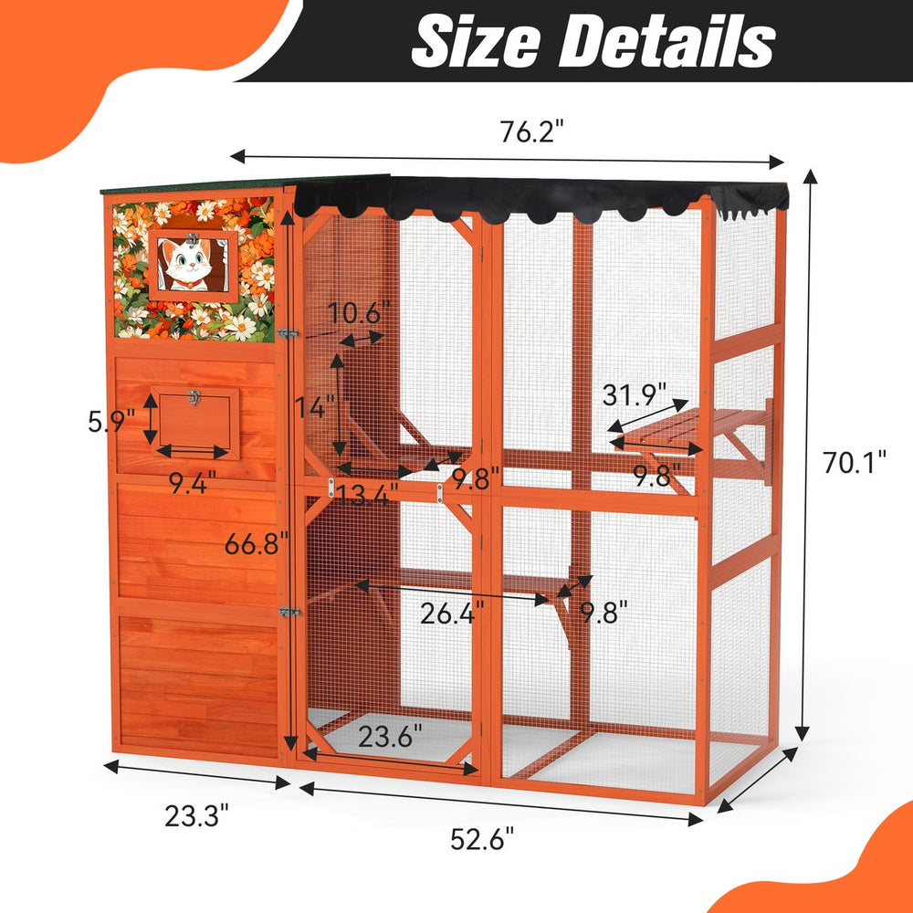 English Elm 70" Outdoor Cat Catio Spruce Wood Weatherproof Enclosure with 4 Tiers and Mesh Run W2181P356201