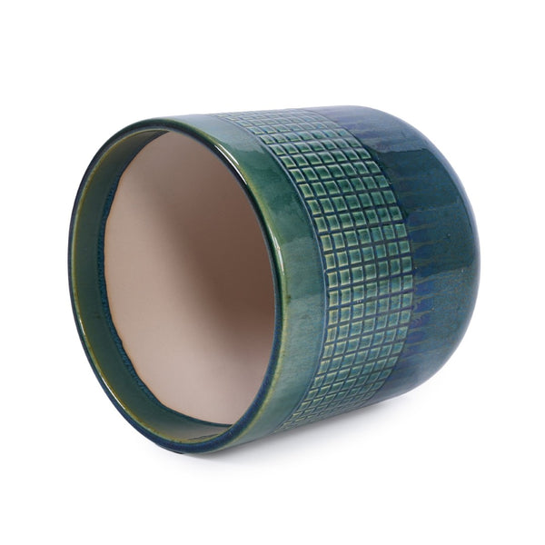 English Elm Set Of 3 Handcrafted Grid Ceramic Planters - Modern Blue-Green Flowerpots For Home & Garden Decor W3273P322259-GIGA