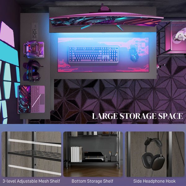 English Elm HOMCOM LED L-Shaped Desk with USB & Power Outlets, Monitor Stand, Shelves, Remote Lighting Ambience Black W2225P217261