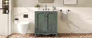 English Elm Christopher Knight Home® - 30" Vintage Bathroom Vanity with Rectangle Ceramic Sink, Rubber Wood Legs, Soft-Close Doors, Adjustable Shelves Antique blue green,Teal N817P245316B
