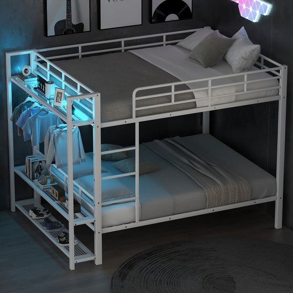 English Elm Full Size Metal Bunk Bed With Led Lights, Storage Shelves & Hooks - Stylish Space-Saver In White N7090000667K