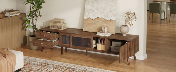 English Elm 76" Wood Grain Media Console with Glass Doors Deep Drawers and Living Room Storage N710P397467P