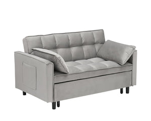 English Elm Modern Velvet Loveseat Futon Sofa Bed 3-in-1 Convertible Small Sleeper Couch with Recline, Pillows, Pockets, Beige Gray W3371P315000