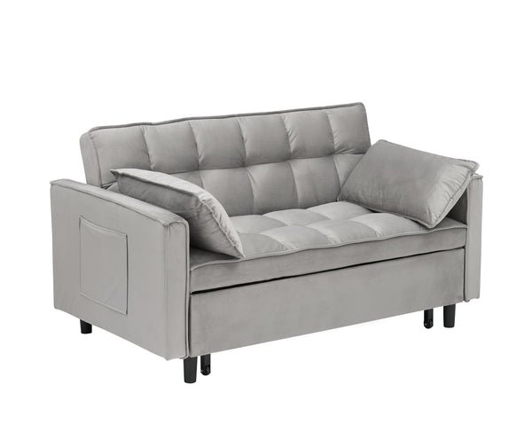 English Elm Modern Velvet Loveseat Futon Sofa Bed 3-in-1 Convertible Small Sleeper Couch with Recline, Pillows, Pockets, Beige Gray W3371P315000