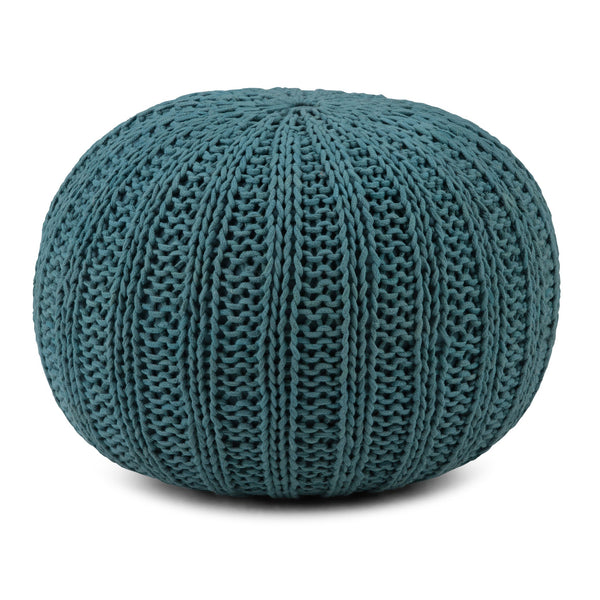 English Elm Shelby Hand-Knit Round Pouf in Slate Grey — Supportive Cotton Fill, Lightweight Portable Accent Seat Blue B136P159267