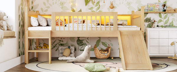 English Elm Twin Xl Solid Pine Loft Bed with Built-in Led Lighting and Storage Shelves Natural W1580S00366