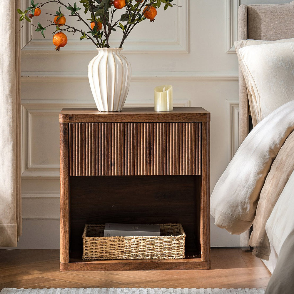 English Elm Night Stand with Fluted Drawer Open Shelf Mid Century Modern Bedside Table for Bedroom W3417P388722
