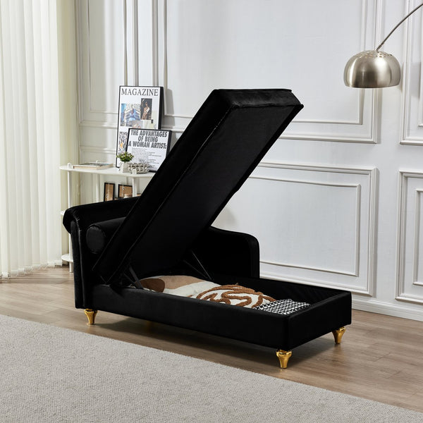 English Elm Modern Black Velvet Storage Chaise Lounge with Gold Legs for Bedroom Living Room W1097P385771