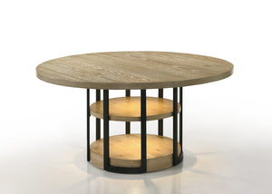 English Elm Elena 7 Piece Round Oak Dining Set with Led Base Shelving and Linen Chairs B2749S00308