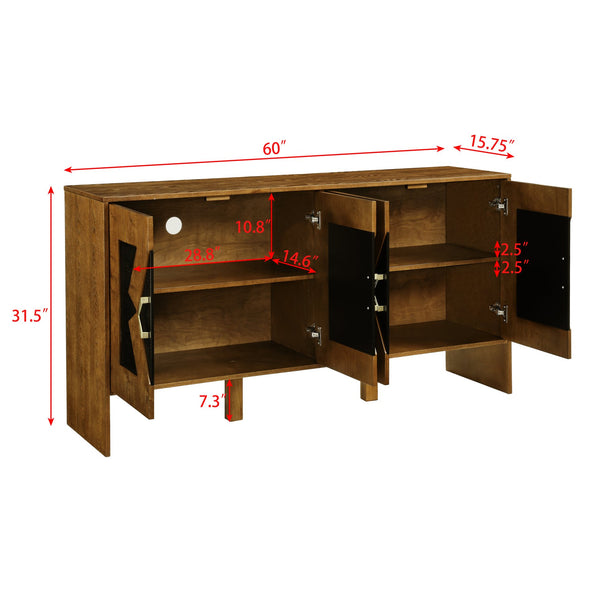 English Elm 60" Mid Century Sideboard Buffet Cabinet with Fluted Diamond Front, Adjustable Shelves, Walnut Finish, TV Media Console (60"W) W1801P288502