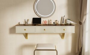 English Elm GO 47" Floating Shelf with Drawer — Sleek Wall-Mounted Vanity Table Desk, MDF+Iron+Glass, 100LB Capacity N704P328589K