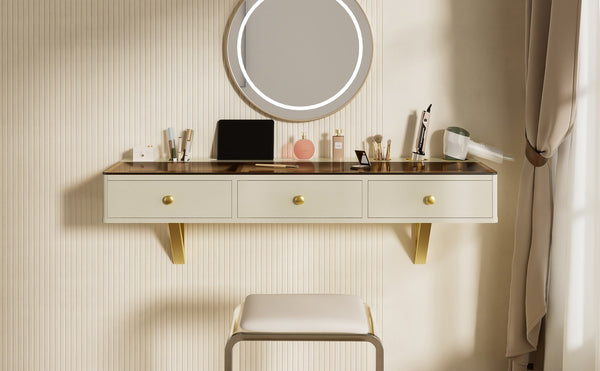 English Elm GO 47" Floating Shelf with Drawer — Sleek Wall-Mounted Vanity Table Desk, MDF+Iron+Glass, 100LB Capacity N704P328589K