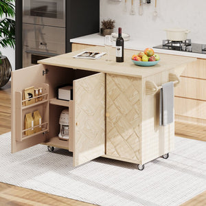 English Elm K&K Farmhouse Kitchen Island with 3D Wave Stripes Ash Veneer, Drop Leaf, Rolling Cart Storage Natural Wood N707P207916Y