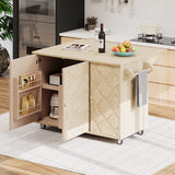 English Elm K&K 51.2"W Ash Veneer (Not Cheap Paper) Solid Wood Handwoven Kitchen Island With Drop Leaf, Coastal Kitchen Island On Wheels With Internal Storage Rack, Rolling Kitchen Cart, Nature Wood