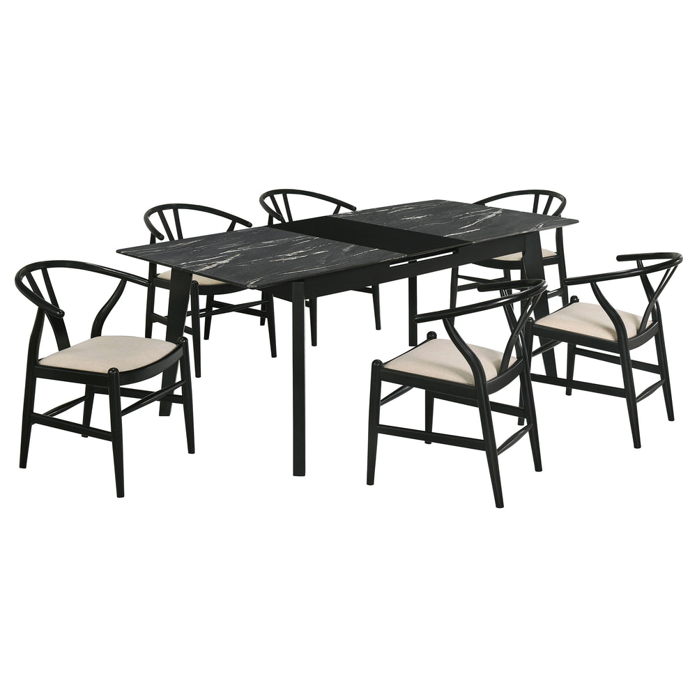 English Elm Spivey Mid-century Faux Marble Extendable Dining Set with Wishbone Chairs Seats Four B062S01472