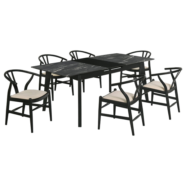 English Elm Spivey Mid-century Faux Marble Extendable Dining Set with Wishbone Chairs Seats Four B062S01472