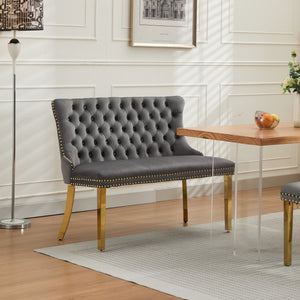 English Elm Velvet Wingback Dining Bench Tufted Two Seat Mid Century Modern Brushed Steel Base Gray W1143P406978