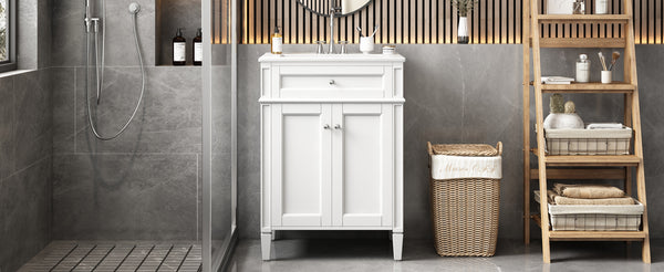 English Elm 24" Bathroom Vanity with Ceramic Basin, French-Inspired Accent Carvings, Soft-Close Doors & Storage White N710P293309K