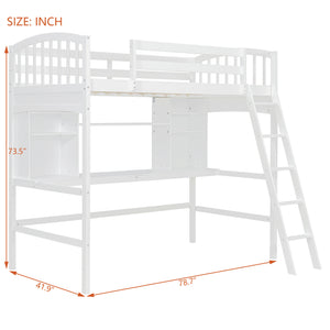 English Elm Twin Loft Bed with Built-in Desk Corner Shelves and Ladder Solid Pine White Frame LT100140KAA