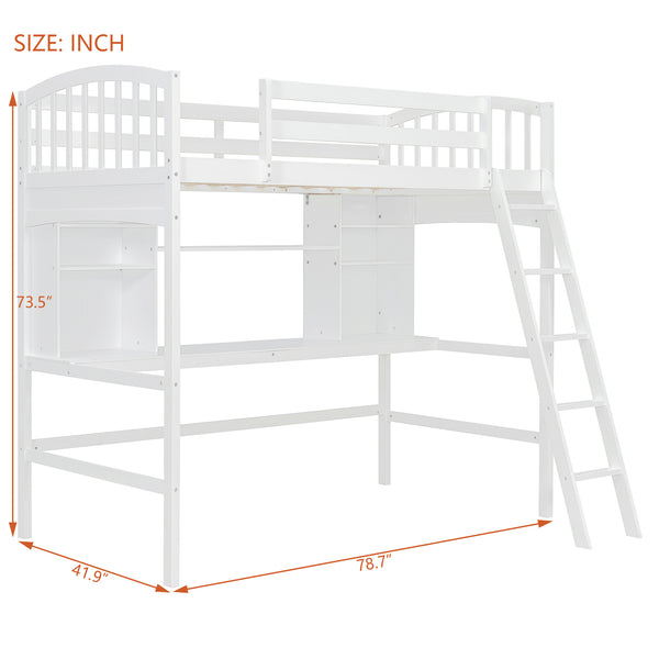 English Elm Twin Loft Bed with Built-in Desk Corner Shelves and Ladder Solid Pine White Frame LT100140KAA