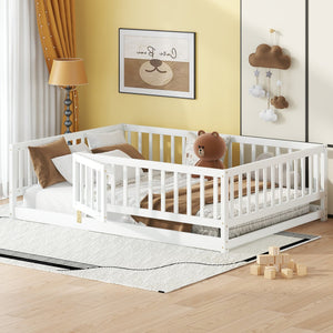 English Elm Full Size Pine Montessori Floor Bed with Fence & Removable Door, Sturdy Kids Bed White Playhouse W1820P349301