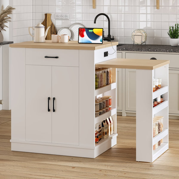 English Elm Extendable Kitchen Island with Storage Drawers Open Shelving and Cabinet in White W1580S00273