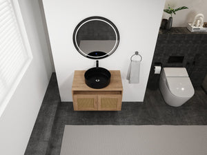 English Elm 30" Modern Wall-Mounted Bathroom Vanity With Black Ceramic Sink, Soft-Close Doors, Oak Finish W999S00398