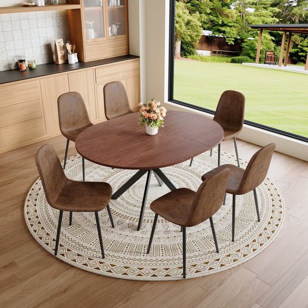English Elm Extendable Round Dining Table Walnut Grain Top Matte Black Base Seats 4 to 6 W3875S00001