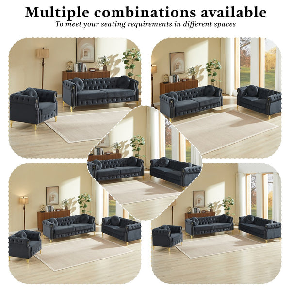 English Elm Velvet Chesterfield Tufted Sofa with Copper Stud Trim and Gold Legs for Glam Living Black W834S00628
