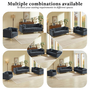 English Elm Velvet Chesterfield Tufted Sofa with Copper Stud Trim and Gold Legs for Glam Living Black W834S00625