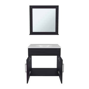 English Elm Bathroom Black Wengue Vanity Sink & Mirror Set with 2 Doors, Open Shelf, Engineered Wood, 24" Wide B097P350325