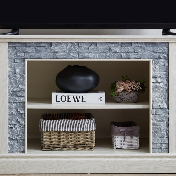 English Elm Large White Media Console with Faux Stone Surround and Enclosed Cabinet Storage W2275P389710