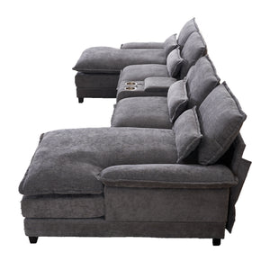 English Elm 123*55" Modern U-Shaped Sleeper Sofa with Double Chaise, Console, Cupholders & USB Ports, Grey W3401S00002