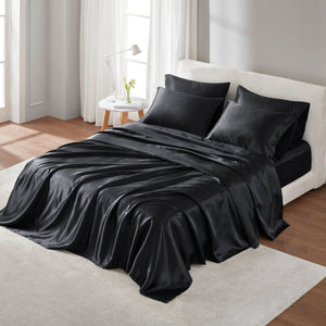 English Elm 7 Luxury Split King 7-Piece Black Satin Sheet Set – 100% Polyester, Deep Pockets, Silky Smooth Feel B035P319698