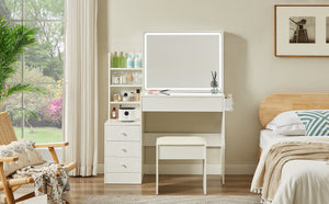 English Elm Vanity LED mirror vanity with 3-mode dimmable lights, power & USB ports, hairdryer holder, stool W1668P197385