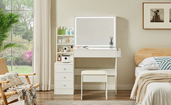 English Elm Vanity LED mirror vanity with 3-mode dimmable lights, power & USB ports, hairdryer holder, stool W1668P197385