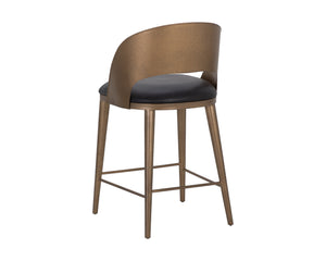 Sunpan Dezirae Barstool - Stylish Curved Back Design with Genuine Leather Seat and Unique Craftsmanship Antique Brass / Charcoal Black Leather