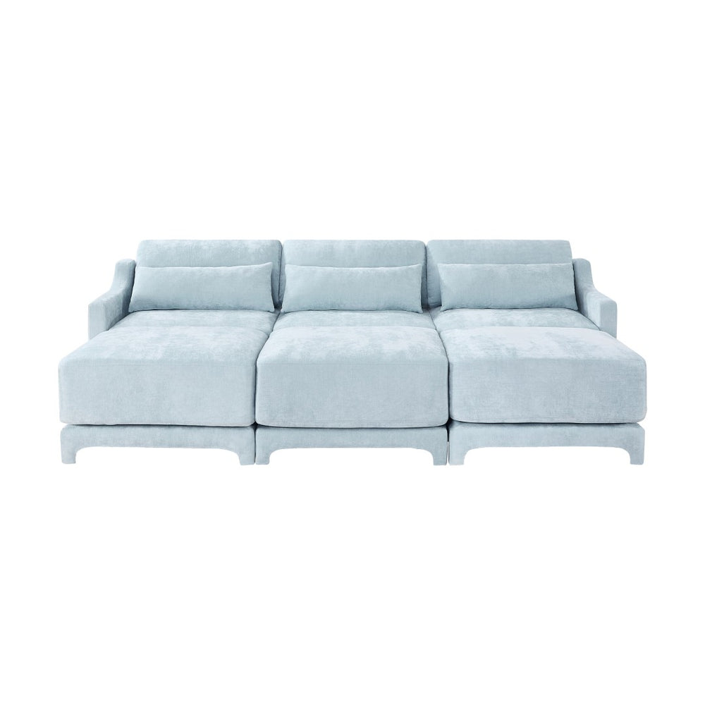 English Elm Three Elegant Sky-Blue Chenille Sofa With 3 Movable Ottomans & Lumbar Pillow For Versatile Comfort W714S01209-GIGA