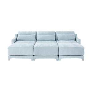 English Elm Three Elegant Sky-Blue Chenille Sofa With 3 Movable Ottomans & Lumbar Pillow For Versatile Comfort W714S01209-GIGA