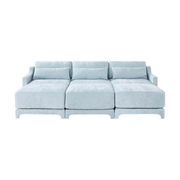 English Elm Three Elegant Sky-Blue Chenille Sofa With 3 Movable Ottomans & Lumbar Pillow For Versatile Comfort W714S01209-GIGA