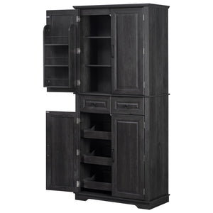 English Elm K&K 71" Tall Farmhouse Pantry Cabinet with Groove Edges, 3 Pull-Out Organizers, 6 Door Shelves Black N707P256507B