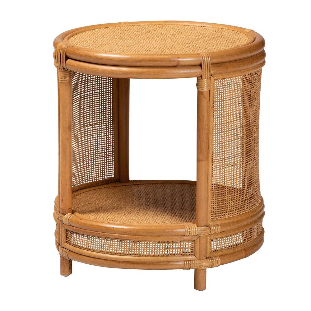 English Elm Modern Woven Rattan Round End Table with Open Shelf Bohemian Coastal Living Accent B2750P467699
