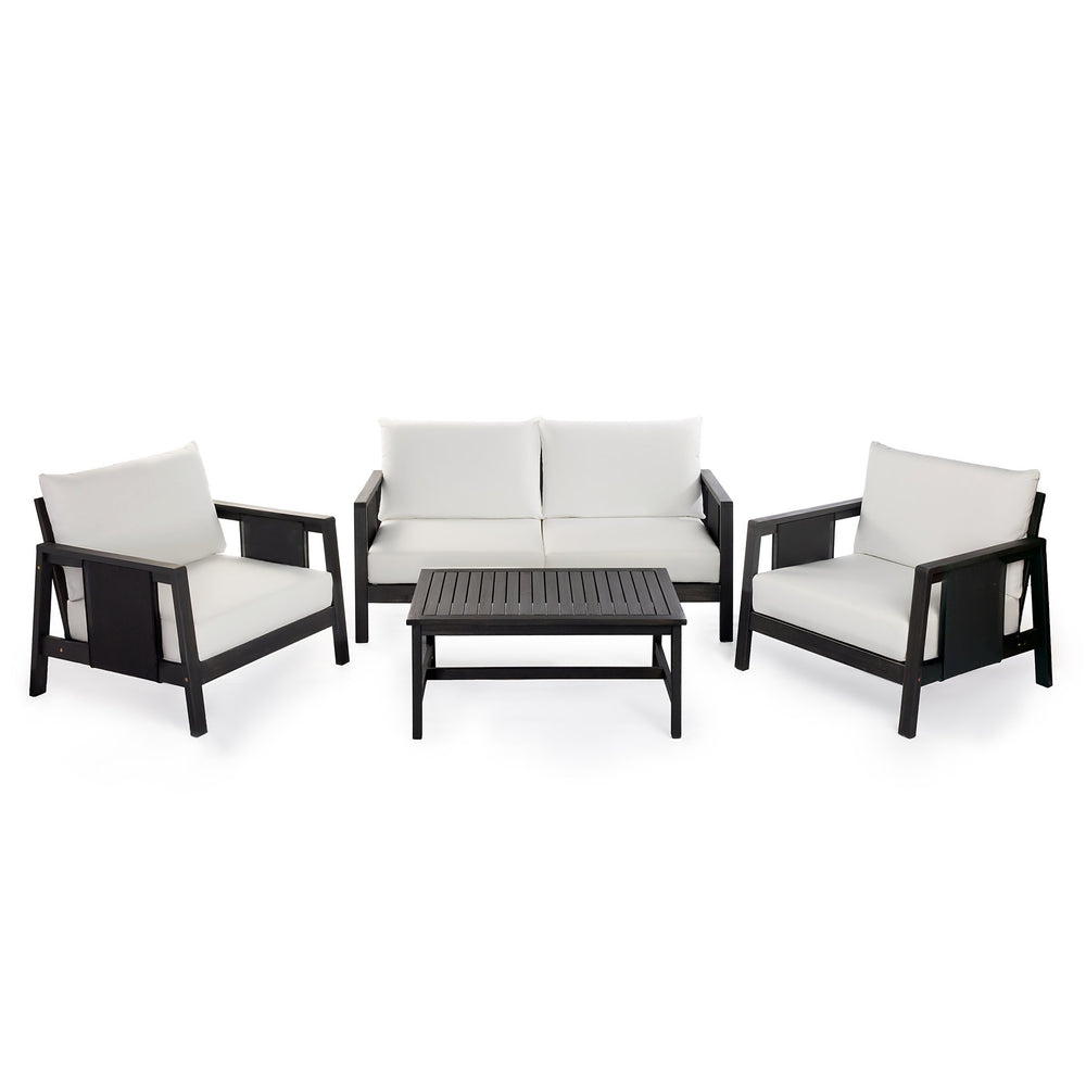 English Elm 4-pieces Acacia Wood Outdoor Conversation Set with Loveseat Club Chairs Patio Table Dark Grey,White+Black N768P368824D_N768P368823D_2